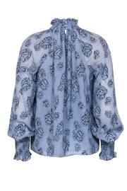 Current Boutique-Rebecca Taylor - Light Blue Sparkly Floral Print Long Sleeve Mock Neck Blouse Sz 2