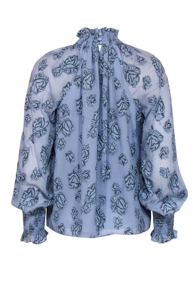 Current Boutique-Rebecca Taylor - Light Blue Sparkly Floral Print Long Sleeve Mock Neck Blouse Sz 2