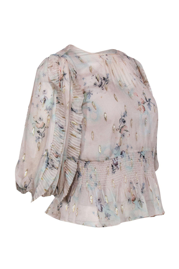 Current Boutique-Rebecca Taylor - Light Pink Floral & Metallic Puff Sleeve Silk Blouse w/ Pleated Trim Sz 0