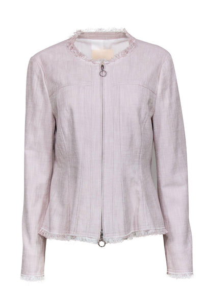 Current Boutique-Rebecca Taylor - Light Pink Tweed Zip-Up Blazer w/ Frayed Trim Sz 14