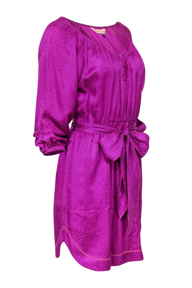 Current Boutique-Rebecca Taylor - Magenta Snakeskin Embossed Silk Sheath Dress w/ Tie Belt Sz 6