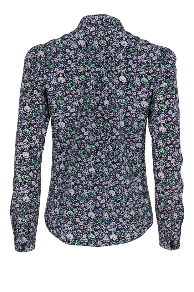 Current Boutique-Rebecca Taylor - Navy Floral Silk Blend Collared Blouse Sz S