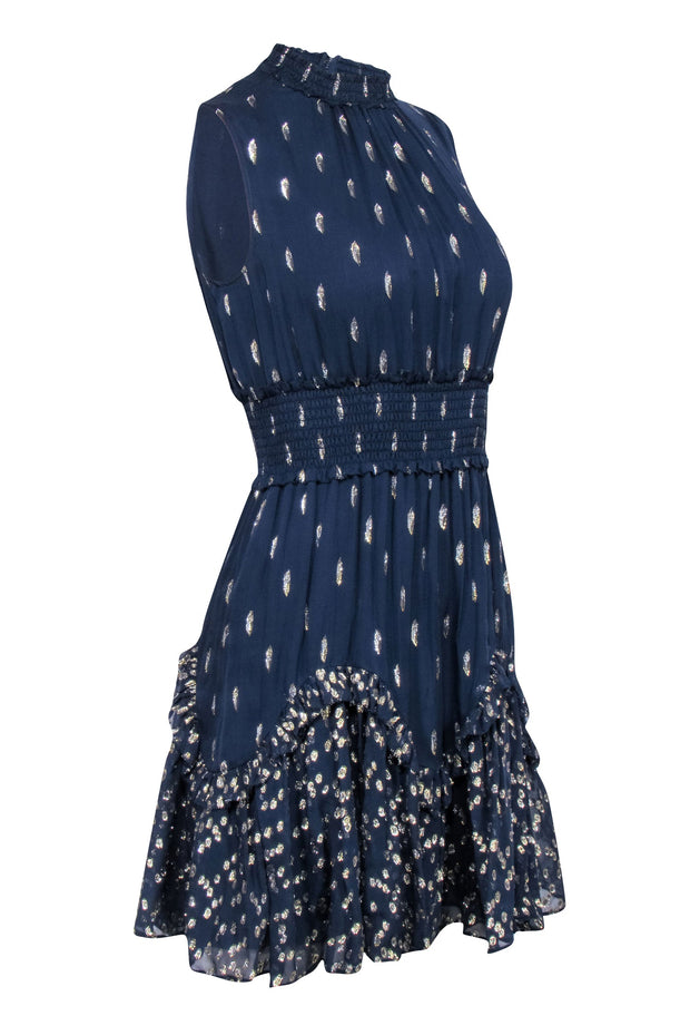 Current Boutique-Rebecca Taylor - Navy & Gold Print Sleeveless High Neck w/ Smocked Waist Dress Sz 0