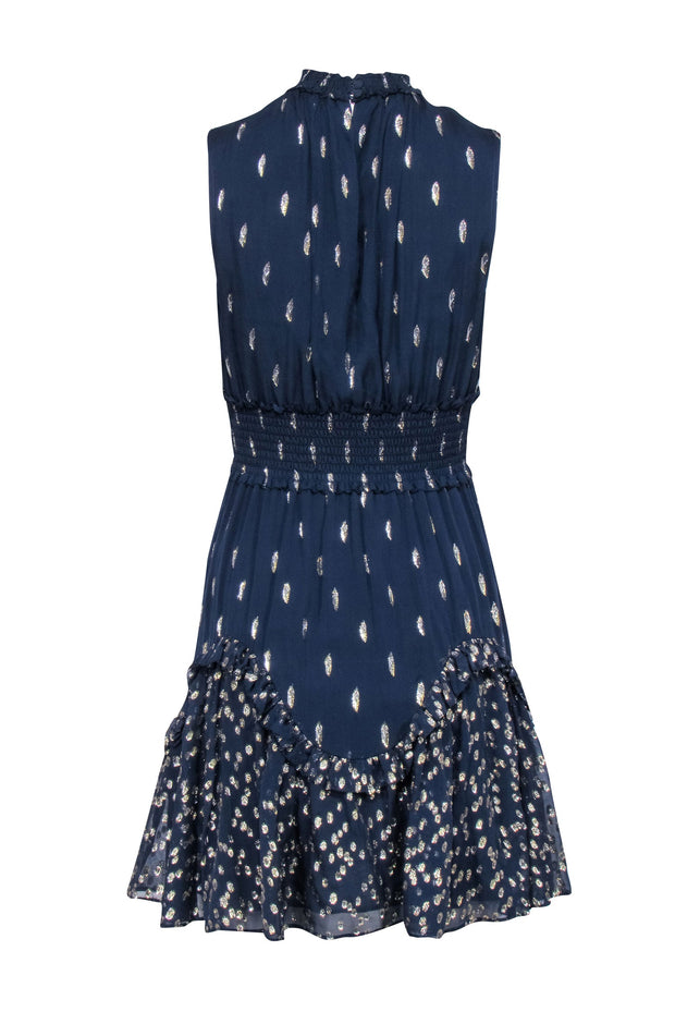 Current Boutique-Rebecca Taylor - Navy & Gold Print Sleeveless High Neck w/ Smocked Waist Dress Sz 0