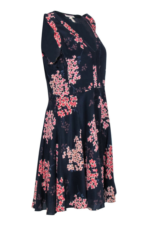 Current Boutique-Rebecca Taylor - Navy & Light Pink Floral Silk A-Line Dress Sz 6