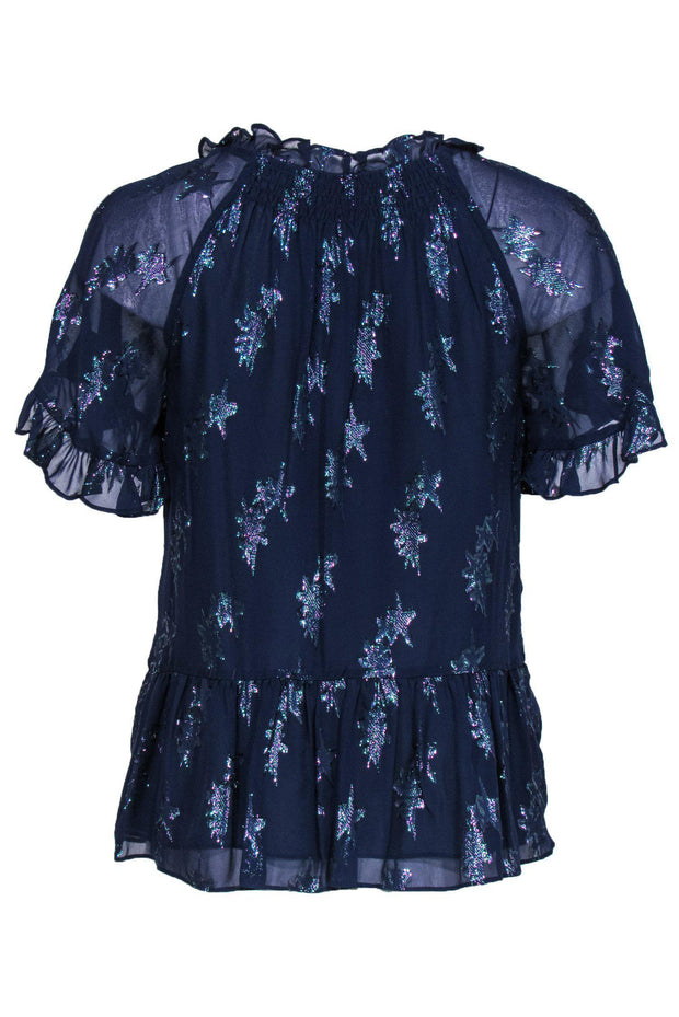 Current Boutique-Rebecca Taylor - Navy Metallic Star Printed Top w/ Peplum Sz XS