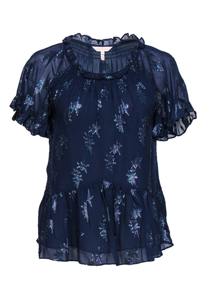 Current Boutique-Rebecca Taylor - Navy Metallic Star Printed Top w/ Peplum Sz XS