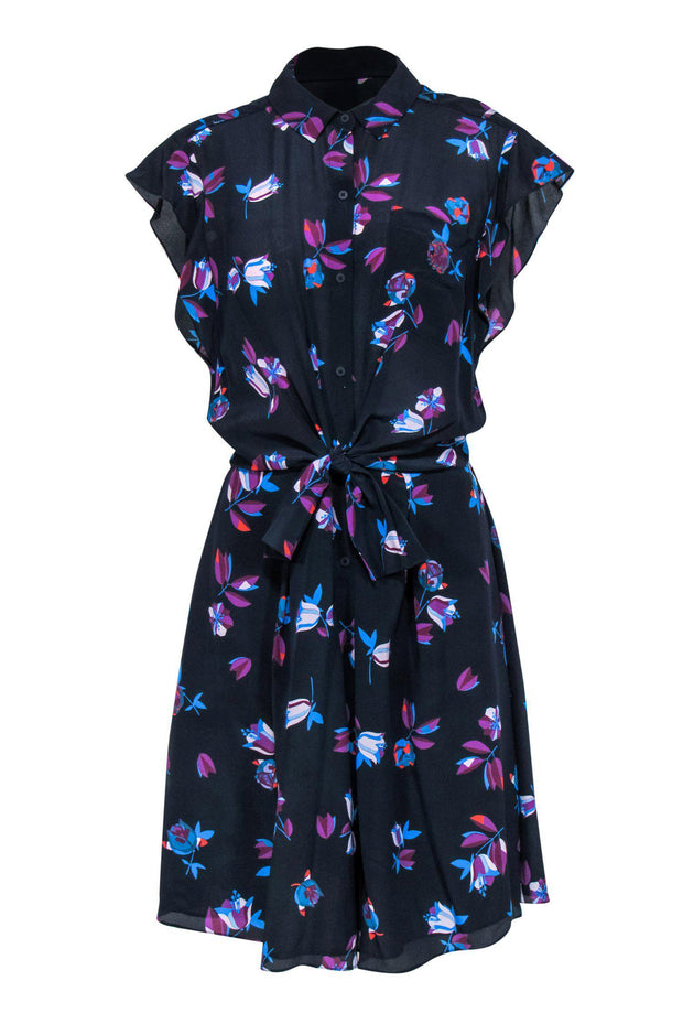 Current Boutique-Rebecca Taylor - Navy Silk Button-Up Dress w/ Floral Print & Waist Tie Sz 8