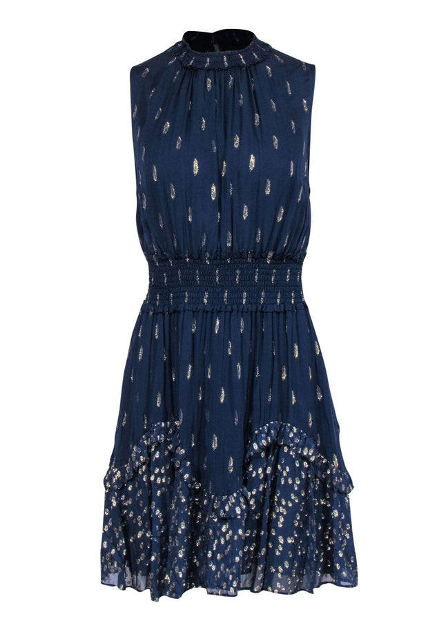 Current Boutique-Rebecca Taylor - Navy Sleeveless Silk Mini Dress w/ Gold Metallic Print Sz 12