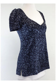 Current Boutique-Rebecca Taylor - Navy & Steel Blue Rose Print Silk Shirt Sz 4