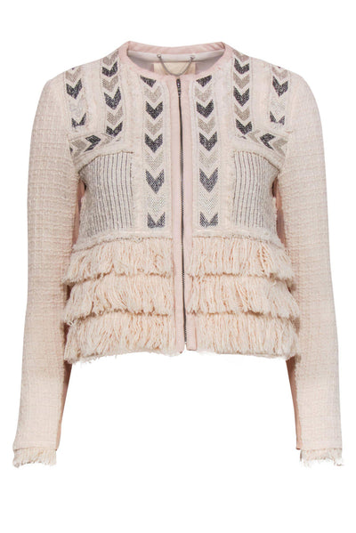 Current Boutique-Rebecca Taylor - Pale Pink & Silver Chevron Embroidered Jacket w/ Fringe Trim Sz 4