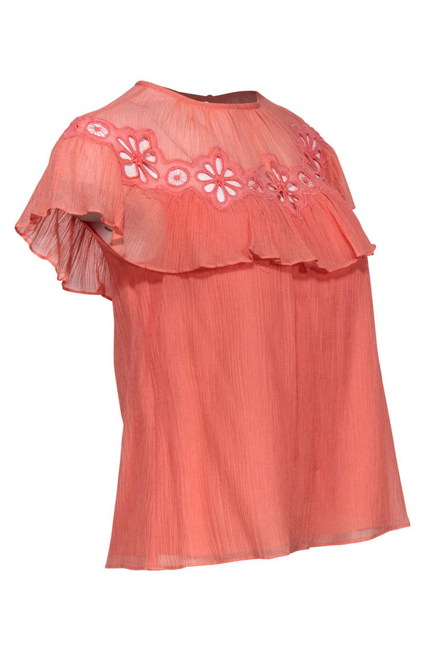 Current Boutique-Rebecca Taylor - Peach Ruffle Short Sleeve Blouse w/ Eyelet Design Sz 0