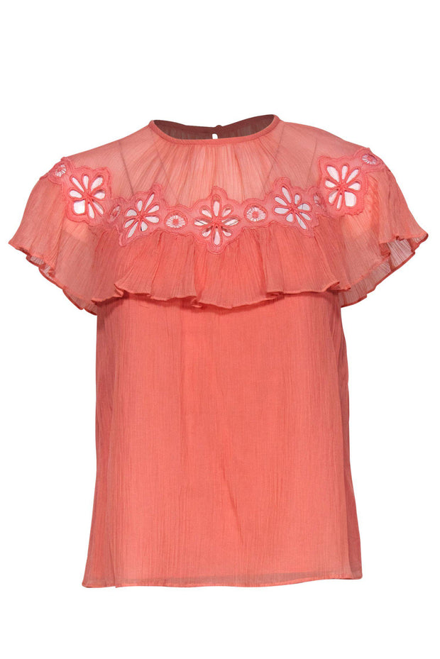 Current Boutique-Rebecca Taylor - Peach Ruffle Short Sleeve Blouse w/ Eyelet Design Sz 0