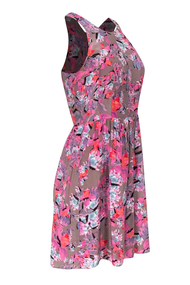 Current Boutique-Rebecca Taylor - Pink & Grey Floral Print Silk Fitted Dress Sz S