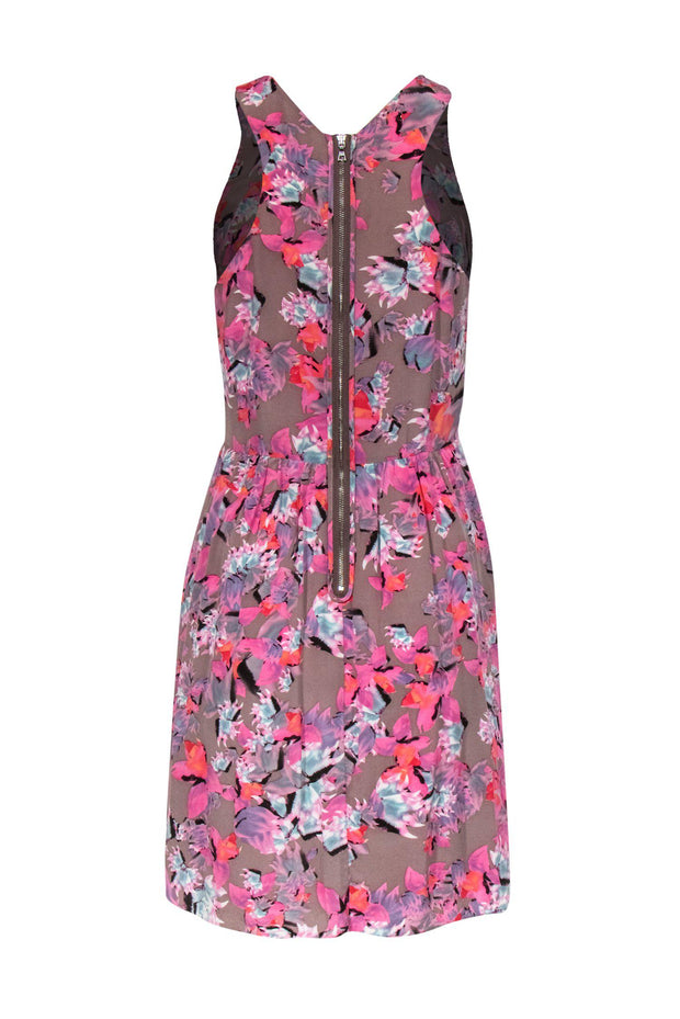 Current Boutique-Rebecca Taylor - Pink & Grey Floral Print Silk Fitted Dress Sz S