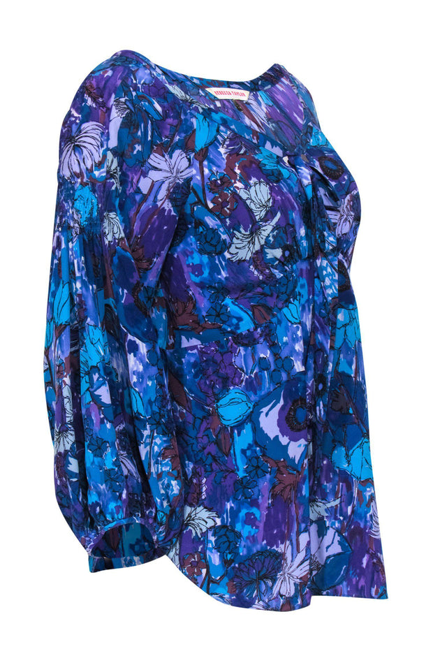 Current Boutique-Rebecca Taylor - Purple & Blue Floral Print Long Sleeve Silk Blouse w/ Neck Tie Sz 10