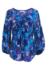 Current Boutique-Rebecca Taylor - Purple & Blue Floral Print Long Sleeve Silk Blouse w/ Neck Tie Sz 10