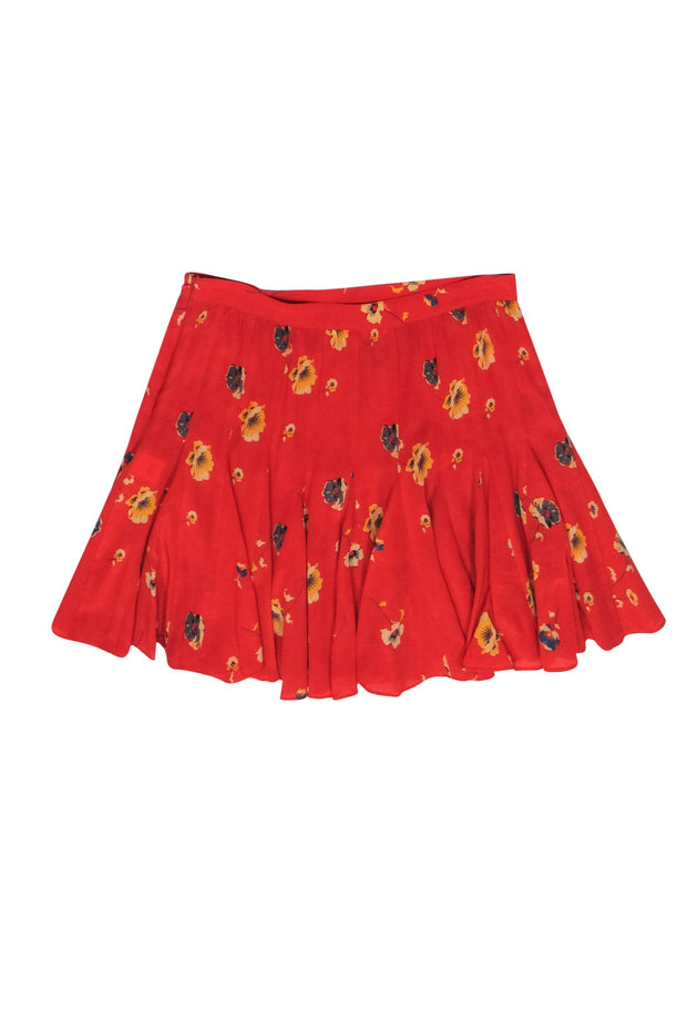 Current Boutique-Rebecca Taylor - Red Floral Pleated Silk Miniskirt Sz 4