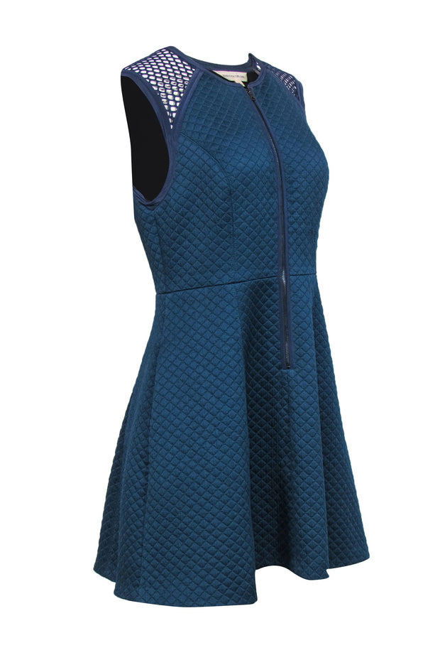 Current Boutique-Rebecca Taylor - Teal Quilted Zip-Up A-Line Dress w/ Mesh Sleeves Sz 8