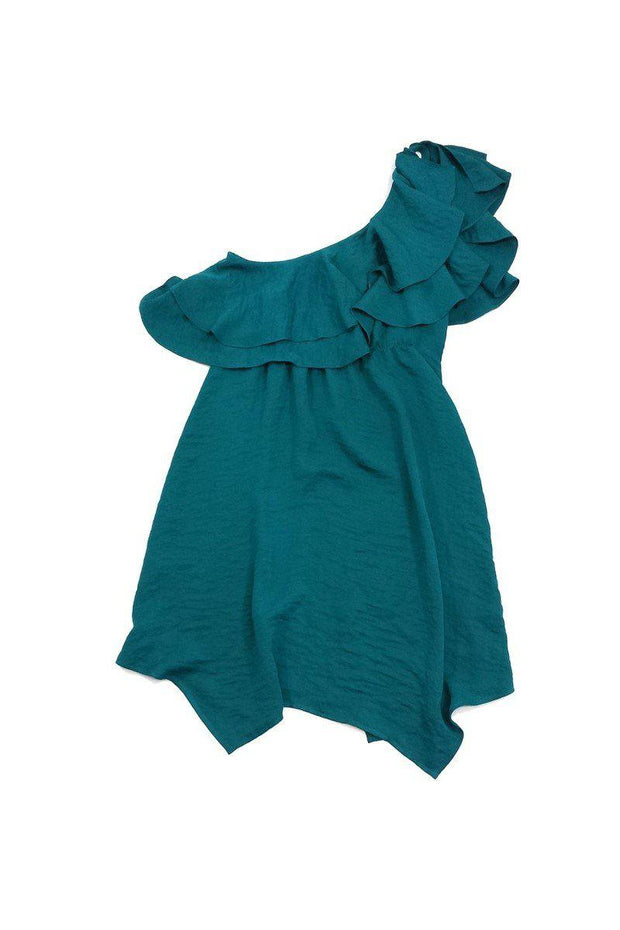 Current Boutique-Rebecca Taylor - Teal Ruffle One Shoulder Dress Sz 4