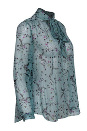 Current Boutique-Rebecca Taylor - Turquoise Floral Print Long Sleeve Silk Blouse w/ Neck Tie Sz 6