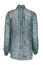 Current Boutique-Rebecca Taylor - Turquoise Floral Print Long Sleeve Silk Blouse w/ Neck Tie Sz 6