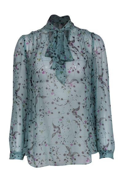 Current Boutique-Rebecca Taylor - Turquoise Floral Print Long Sleeve Silk Blouse w/ Neck Tie Sz 6