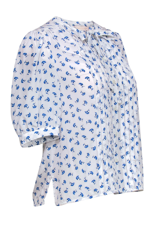 Current Boutique-Rebecca Taylor - White & Blue Floral Print Puff Sleeve Silk Blouse Sz S