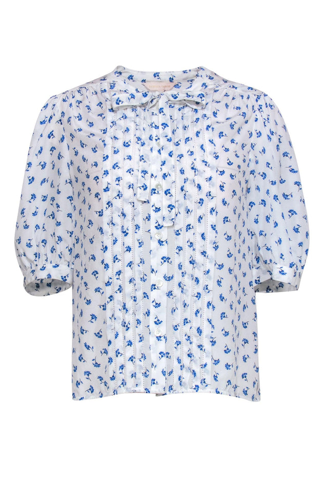 Current Boutique-Rebecca Taylor - White & Blue Floral Print Puff Sleeve Silk Blouse Sz S