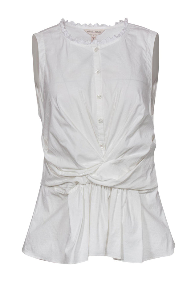 Current Boutique-Rebecca Taylor - White Button-Up Knotted Tank w/ Ruffle Trim Sz 12