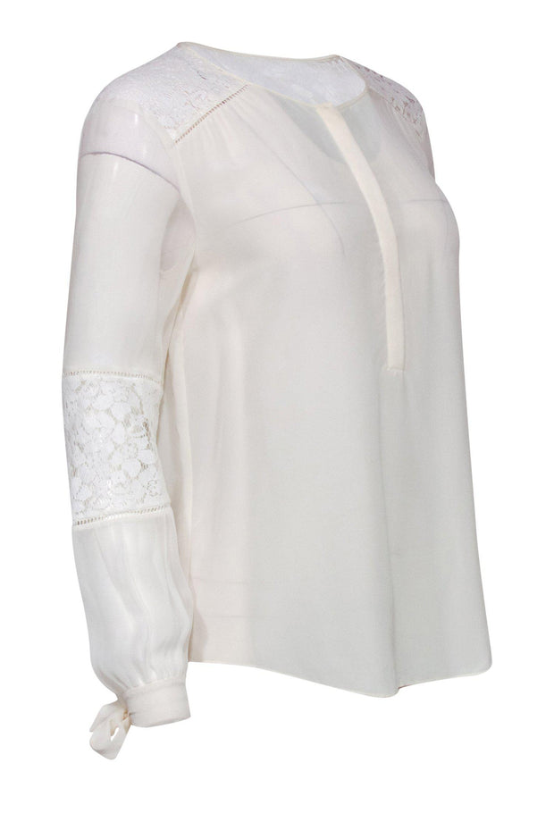 Current Boutique-Rebecca Taylor - White Half Button-Up Silk Blouse w/ Lace Trim Sz 2