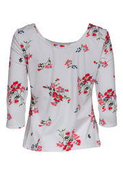 Current Boutique-Rebecca Taylor - White & Pink Floral Print Quarter Sleeve Top Sz L