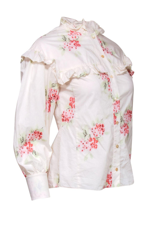 Current Boutique-Rebecca Taylor - White & Pink Floral Print Ruffle Button-Up Blouse Sz 00