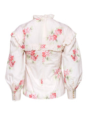 Current Boutique-Rebecca Taylor - White & Pink Floral Print Ruffle Button-Up Blouse Sz 00