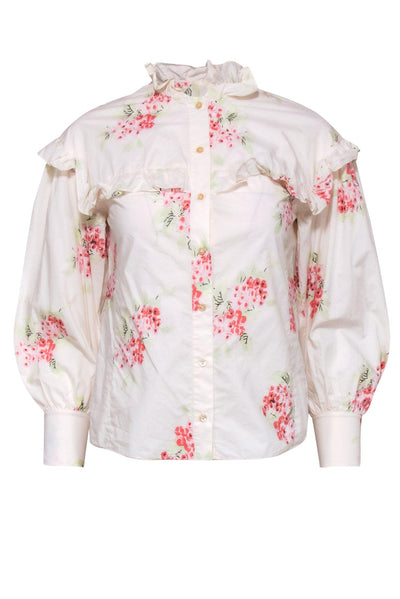 Current Boutique-Rebecca Taylor - White & Pink Floral Print Ruffle Button-Up Blouse Sz 00