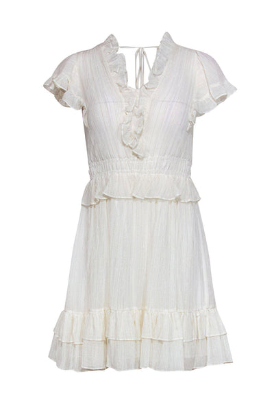 Current Boutique-Rebecca Taylor - White Ruffle Cap Sleeve Fit & Flare Dress w/ Metallic Threading Sz XS