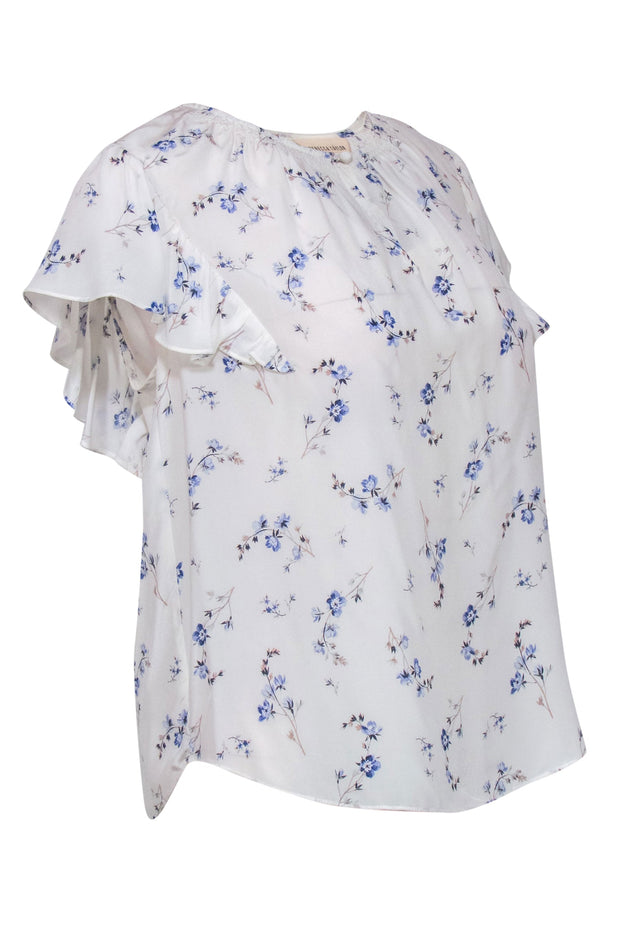 Current Boutique-Rebecca Taylor - White Silk Ruffled Sleeve Blouse w/ Blue Flowers Sz 6