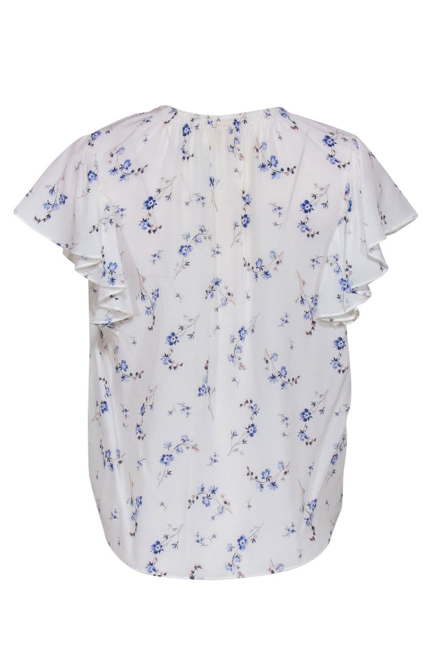 Current Boutique-Rebecca Taylor - White Silk Ruffled Sleeve Blouse w/ Blue Flowers Sz 6