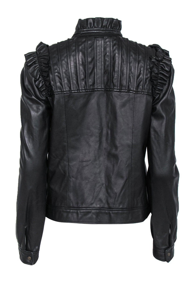 Current Boutique-Red Valentino - Black Ruffled & Pleated Zip-Up Leather Jacket Sz 6