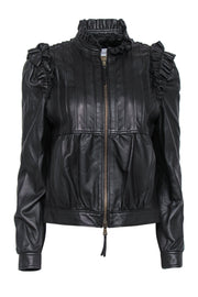 Current Boutique-Red Valentino - Black Ruffled & Pleated Zip-Up Leather Jacket Sz 6