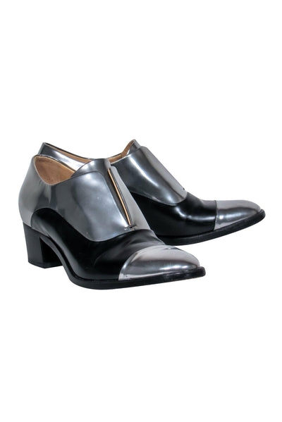 Current Boutique-Reed Krakoff - Silver & Black Leather Block Heel Loafers Sz 7.5