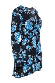 Current Boutique-Reformation - Black & Blue Rose Print Long Sleeve Wrap Dress Sz PL