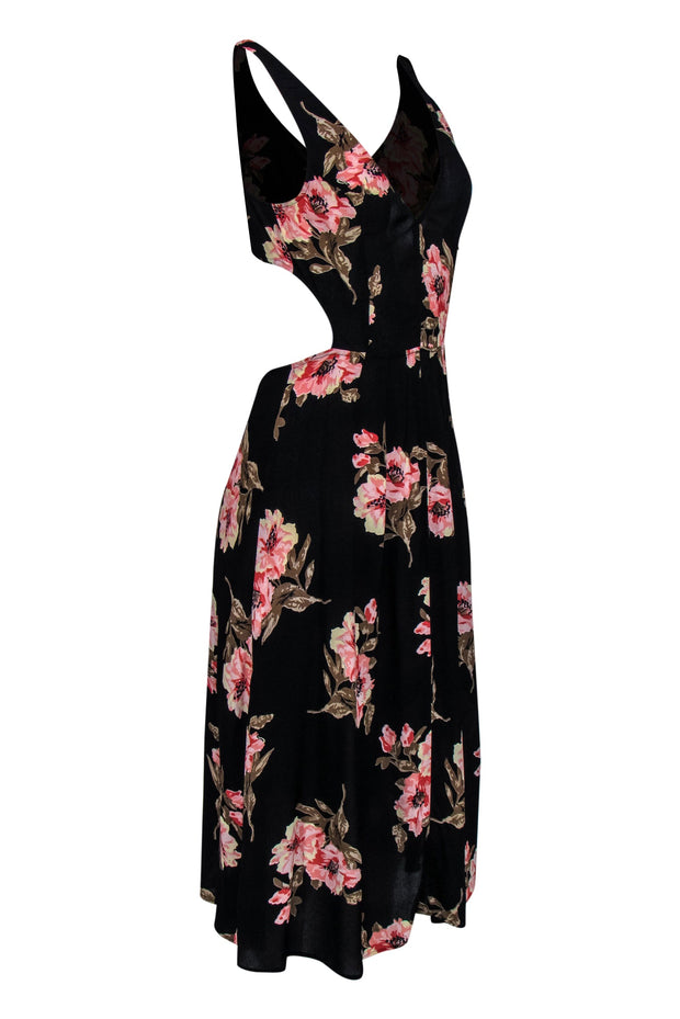 Current Boutique-Reformation - Black, Pink & Green Floral Print Open Back Midi Dress Sz S