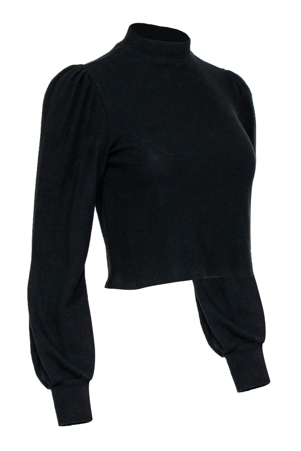 Current Boutique-Reformation - Black Puff Sleeve Cropped Mock Neck Sweater Sz M