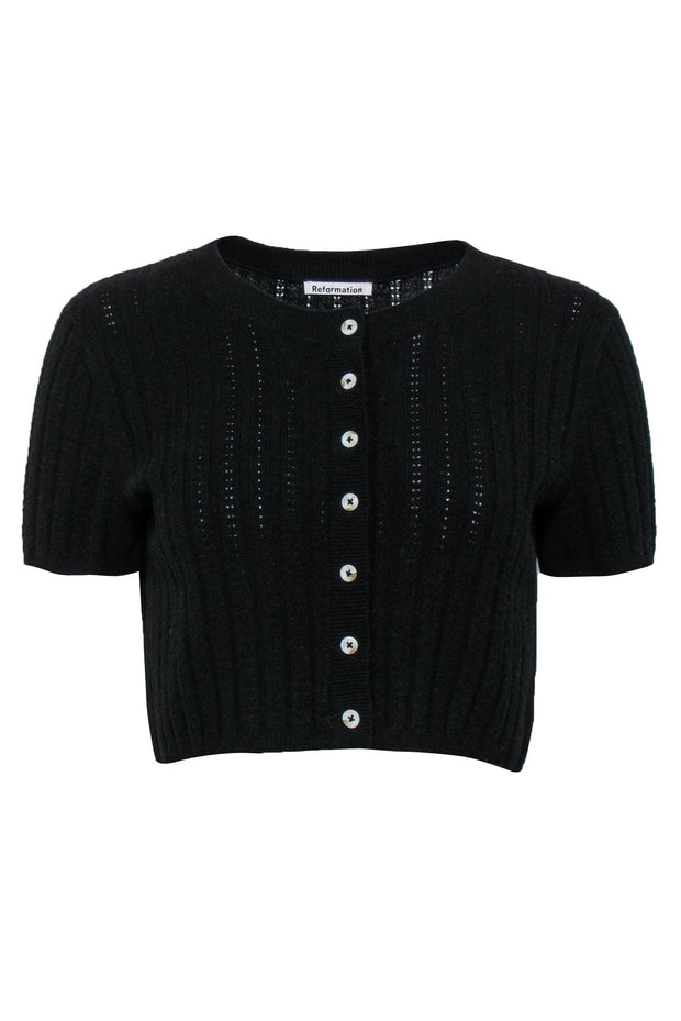 Current Boutique-Reformation - Black Ribbed Cashmere Cropped Cardigan Sz S