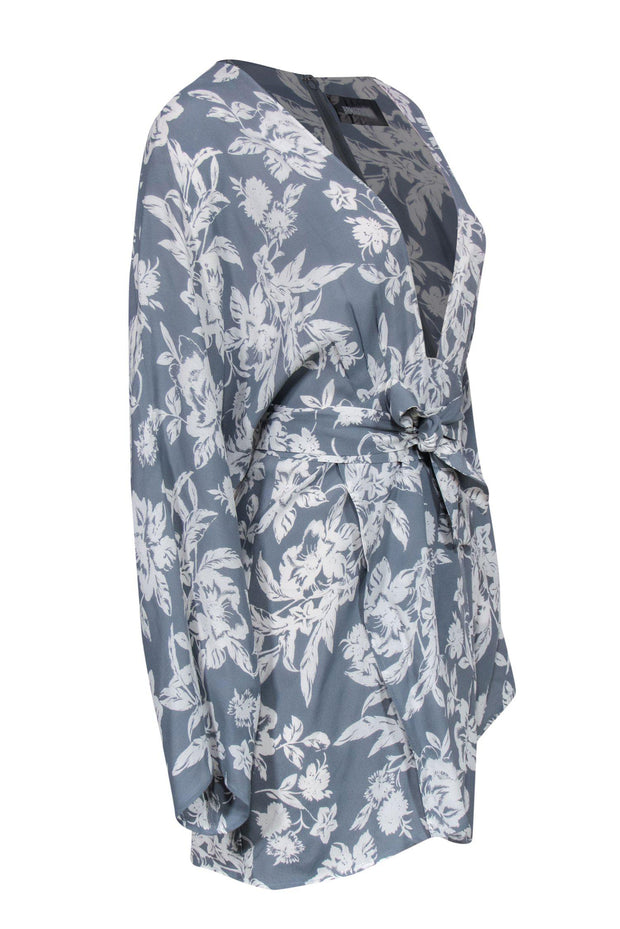 Current Boutique-Reformation - Blue & White Floral Print Long Sleeve Faux Wrap Dress w/ Belt Sz 8