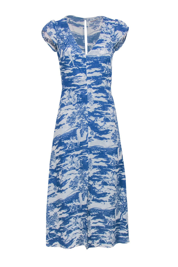 Current Boutique-Reformation - Blue & White Scenic Women Print Cap Sleeve Midi Dress Sz 4