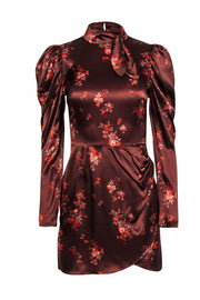 Current Boutique-Reformation - Brown Satin & Orange Floral Dress w/ Neck Bow Sz 2