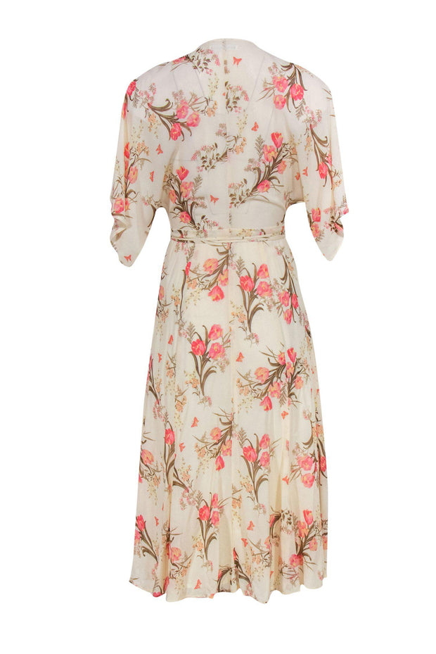 Current Boutique-Reformation - Cream & Pink Tulip Print Short Sleeve Wrap Midi Dress Sz XS