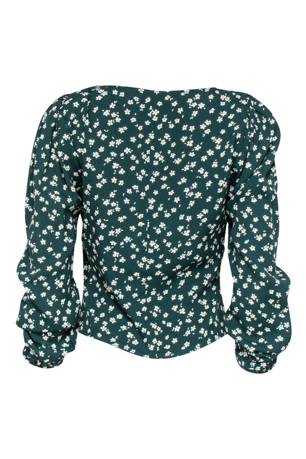 Current Boutique-Reformation - Green & White Floral Print Button-Up “Nell” Peasant Blouse Sz M